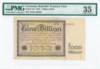 GERMANY: 1 billion Mark (5.11.1923) in black on violet and brown unpt. S/N: "AD21 009457". Inside holder by PMG "Choice Very Fine 35". (Pick 134).