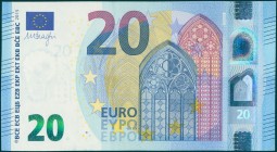 GERMANY: 20 Euro (2015) in blue and multicolor with gate in gothic architecture at center right. S/N: "RA2806350081". Signature by Draghi. WMK: Person...