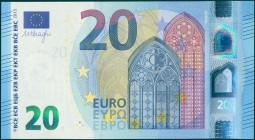 GERMANY: 20 Euro (2015) in blue and multicolor with gate in gothic architecture at center right. S/N: "XA3474339795". Signature by Draghi. WMK: Person...