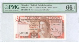 GIBRALTAR: 1 Pound (4.8.1988) in brown and red on multicolor unpt with Queen Elizabeth II at center right. S/N: "L565541". WMK: Queen Elizabeth II. Pr...