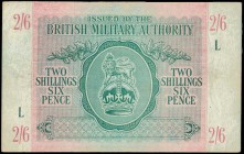 GREAT BRITAIN: 2 Shillings-6 Pence (ND 1943) in green on pink unpt with crown and lion at center. Block "L". Stains, pressed and slightly worn out mar...