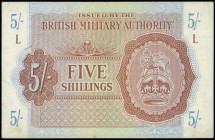 GREAT BRITAIN: 5 Shillings (ND 1943) in brown on blue and green unpt with crown and lion at right. Block "L". Pressed. (Pick M4). Very Fine plus.