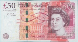 GREAT BRITAIN: 50 Pounds (2010) in multicolor with Queen Elizabeth II at right. S/N: "AC14 144961". WMK: Queen Elizabeth II. (Pick 393a). Uncirculated...