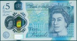 GREAT BRITAIN: 2 x 5 Pounds (2015) in blue-green with Queen Elizabeth II at right. Continuous S/N: "AJ48 251936 / AJ48 251937". (Pick 394a). Uncircula...