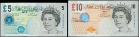 GREAT BRITAIN: Set of 2 banknotes including 5 Pounds (2004) + 10 Pounds (2012) with Queen Elizabeth II. WMK: Queen Elizabeth II. (Pick 391c+389d). Unc...