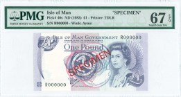 ISLE OF MAN: Specimen on 1 Pound (ND 1983) in purple on multicolor unpt with portrait of Queen Elizabeth II at right and Arms at center. Diagonal red ...
