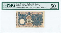 ITALY: 5 Lire (ND 1904 - 17.6.1915 issued) in blue and black on pink unpt with potrait of King Vittorio Emanuele III at right. S/N: "020893 - 3667". S...
