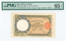 ITALY: 50 Lire (27.8.1937) in blue-violet and yellow brown on orange and yellow unpt. S/N: "T319 3248". WMK: J Caesar. Inside holder by PMG "Gem Uncir...