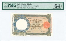 ITALY: 50 Lire (28.8.1942) in blue-violet and yellow-brown on orange and yellow unpt. S/N: "F851 7261". WMK: J Caesar. Inside holder by PMG "Choice Un...