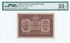 ITALY: 1 Lira (2.1.1918) in lilac with personification of Italia at left. S/N: "V97 20162". Inside holder by PMG "About Uncirculated 55 - EPQ". Top gr...