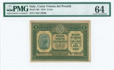 ITALY: 2 Lire (2.1.1918) in green with personification of Italia at left. S/N: "U233 19506". Inside holder by PMG "Choice Uncirculated 64 - Annotation...