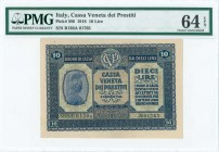ITALY: 10 Lire (2.1.1918) in blue with personification of Italia at left. S/N: "B130A 01765". Inside holder by PMG "Choice Uncirculated 64 - EPQ". Top...