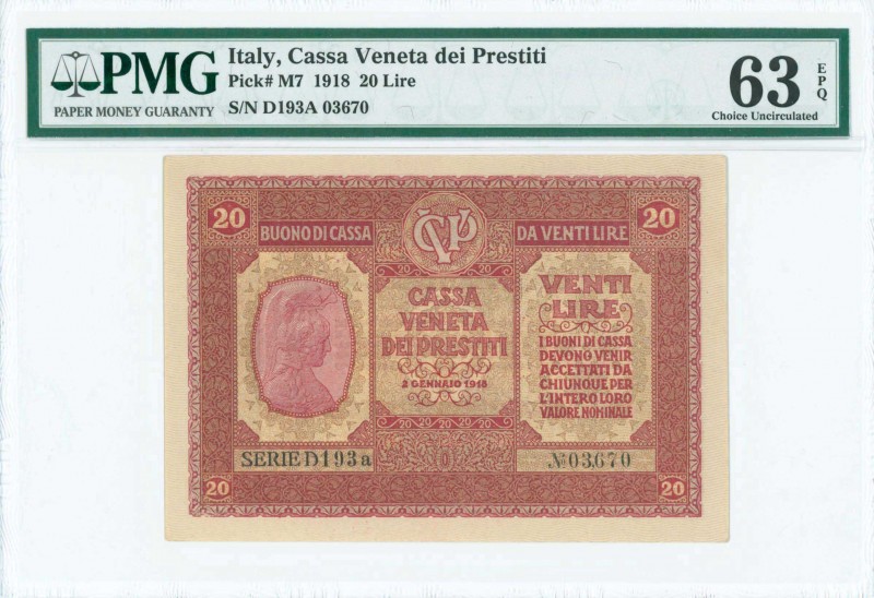 ITALY: 20 Lire (2.1.1918) in red-violet with personification of Italia at left. ...