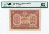ITALY: 20 Lire (2.1.1918) in red-violet with personification of Italia at left. S/N: "D193A 03670". Inside holder by PMG "Choice Uncirculated 63 - EPQ...
