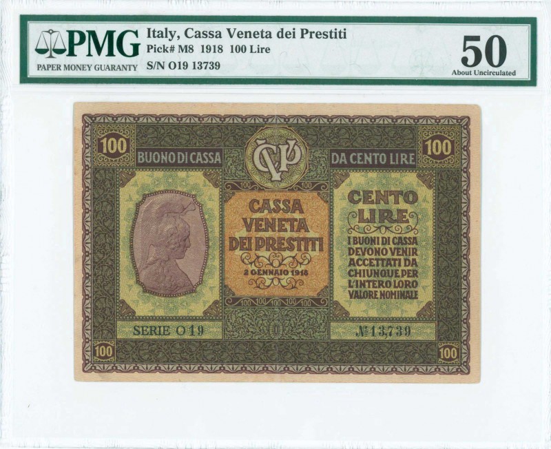 ITALY: 100 Lire (2.1.1918) in brown and green with personification of Italia at ...