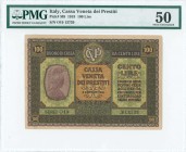 ITALY: 100 Lire (2.1.1918) in brown and green with personification of Italia at left. S/N: "O19 13739". Inside holder by PMG "About Uncirculated 50 - ...