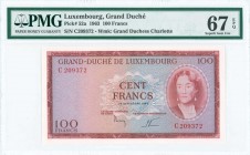 LUXEMBOURG: 100 Francs (18.9.1963) in dark red on multicolor unpt with portrait of Grand Duchess Charlotte at right. S/N: "C209372". WMK: Grand Duches...