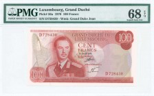 LUXEMBOURG: 100 Francs (15.7.1970) in red on multicolor unpt with Grand Duke Jean at left center. S/N: "D728430". WMK: Grand Duke Jean. Inside holder ...