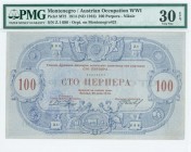 MONTENEGRO: 100 Perpera (ND 1916 - old date 25.7.1914) in blue with dark brown text at center, angels at top center and women seated holding cornucopi...