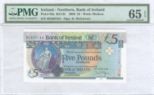 NORTHERN IRELAND: 5 Pounds (20.4.2008) with banks seal (Hibernia seated) at left. S/N: "BE028184". WMK: Medusas head. Inside holder by PMG "Gem Uncirc...