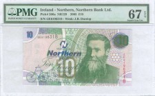 NORTHERN IRELAND: 10 Pounds (19.1.2005) in green and blue on multicolor unpt with J B Dunlop at right and bicycle at lower left. S/N: "GE6196318". WMK...