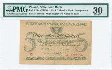 POLAND: 5 Marek (17.5.1919) in dark green with small eagle at upper center. S/N: "109556". Engravers name at lower left and right on back. Inside hold...