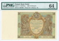 POLAND: 50 Zlotych (1.9.1929) in green, brown and blue with farmers wife at left and Mercury at right. S/N: "EC 1687607". WMK: the value "50", S. Bato...
