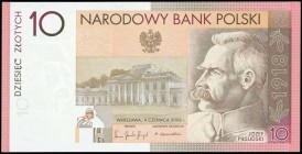 POLAND: 10 Zlotych (4.6.2008) in olive, tan and rose on multicolor unpt with Jozef Pilsudski at right & Belweder Palace at center. Commemorative issue...