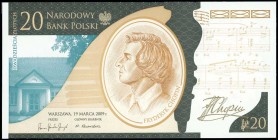 POLAND: 20 Zlotych (19.3.2009) in brown and tan on yellow unpt with Frederic Chopin profile at center. Commemorative issue for the 200th anniversary o...