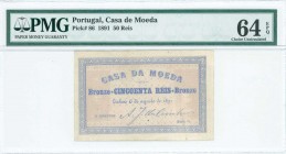 PORTUGAL: 50 Reis (6.8.1891) in green on lilac unpt with Coat of Arms at left and right. Serie R. Inside holder by PMG "Choice Uncirculated 64 - EPQ"....