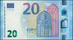 PORTUGAL: 20 Euro (2015) in blue and multicolor with gate in gothic architecture at center right. S/N: "MC0909359262". Signature by Draghi. WMK: Perso...