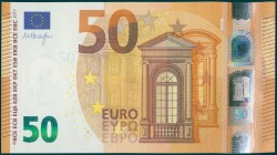 PORTUGAL: 50 Euro (2017) in orange and multicolor with gate in renaissance architecture at center right. S/N: "MD0914080634". Signature by Draghi. WMK...