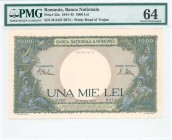 ROMANIA: 1000 Lei (23.3.1943) in blue and green on pink unpt with two farm wives with three children each at left and right. S/N: "M.2437 0874". WMK: ...