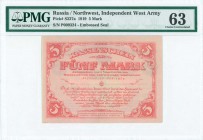 RUSSIA NORTHWEST: 5 Mark (10.10.1919) in black on pale blue, red and gray lines in unpt with Coat of Arms at upper center. S/N: "P009324". Embossed se...