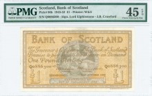 SCOTLAND: 1 Pound (22.10.1952) in yellow and gray by Bank of Scotland. Back: Light brown. S/N: "Q0886300". Printed by W&S. Signatures by Lord Elphinst...