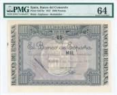 SPAIN: 1000 Pesetas (1.1.1937) remainder banknote in lilac. Without local bank inmprint. WMK: Airplanes. Inside holder by PMG "Choice Uncirculated 64 ...