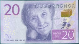 SWEDEN: 20 Kronor (2014) in violet with Astrid Lindgren at center. S/N: "B541493011". (Pick 69a). Uncirculated.