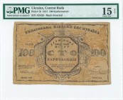 UKRAINE: 100 Karbovantsiv (1917) in brown, orange and yellow. Back inverted. S/N: "AD135". Inside holder by PMG "Choice Fine 15 - NET / Tape Repairs"....