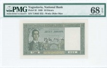 YUGOSLAVIA: 10 Dinara (22.9.1939) in green with King Peter II at left and bridge at center. S/N: "T.0045 552". WMK: Old man. Inside holder by PMG "Sup...