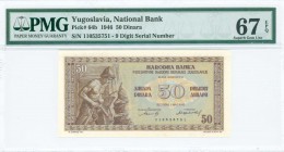 YUGOSLAVIA: 50 Dinara (1.5.1946) (2nd issue) in brown on multicolor unpt with miner at left. Nine digits S/N: "110535751". Inside holder by PMG "Super...