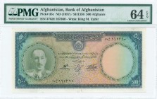 AFGHANISTAN: 500 Afghanis (SH1336 - 1957) in blue and green with portrait of King Muhammad Zahir at left. Inside holder by PMG "Choice Uncirculated 64...