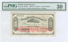 BRITISH NORTH BORNEO: 1 Dollar (1.1.1930) in black on dark green unpt with mount Kinabalu at upper center. S/N: "F703120". Inside holder by PMG "Very ...