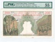 FRENCH INDO-CHINA: 200 Piastres (200 Riels) (ND 1953) in green and brown with elephant at left and two water buffaloes at right. WMK: Elephants head. ...