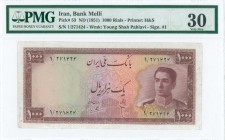 IRAN: 1000 Rials (ND 1951) in brown, red and light green with second portrait Shah Pahlavi in army uniform at right. S/N: "1/271424". WMK: Young Shah ...