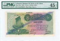 LEBANON: 1 Livre (ND 1943) in green on lilac unpt with columns of Baalbek at left. S/N: "J/AQ 004610". Blue ovpt type A. Inside holder by PMG "Choice ...