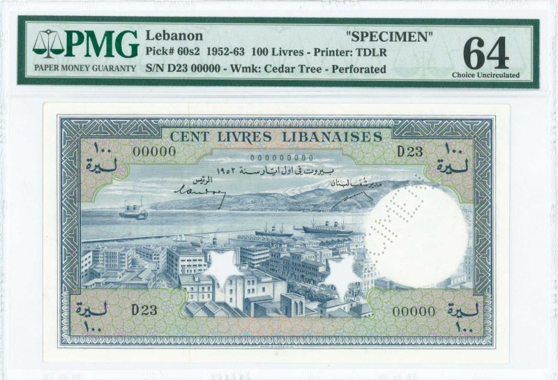 LEBANON: Specimen of 100 Livres (1.1.1952) in blue on multicolor unpt with view ...