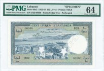 LEBANON: Specimen of 100 Livres (1.1.1952) in blue on multicolor unpt with view of Beirut and harbor. Diagonal perfin "SPECIMEN" at right and two canc...
