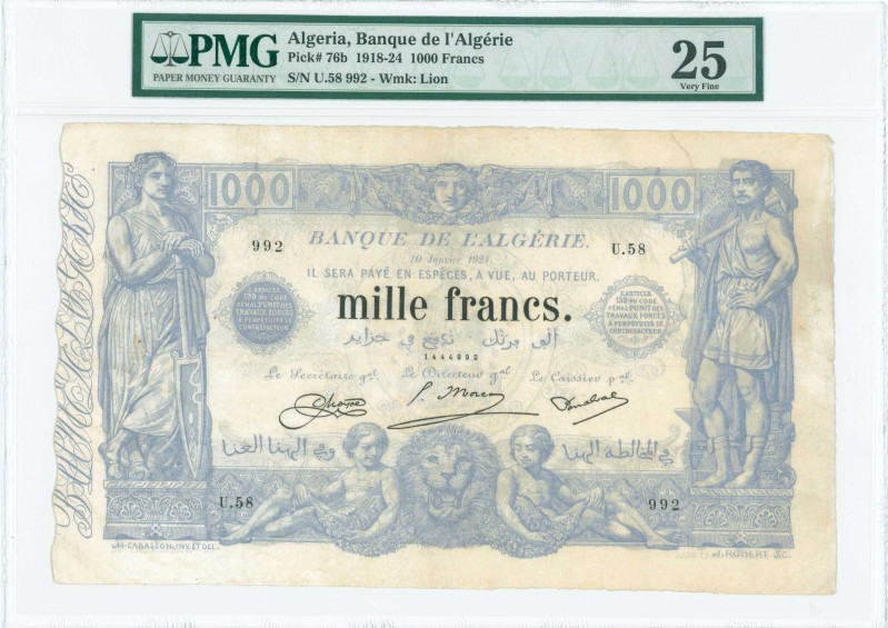 ALGERIA: 1000 Francs (10.1.1924) in blue with woman with oar at left, blacksmith...