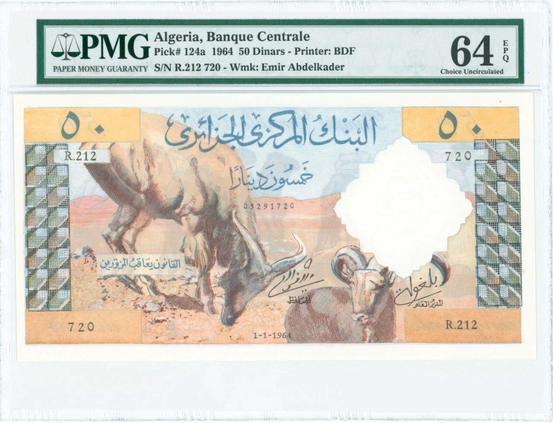 ALGERIA: 50 Dinars (1.1.1964) in light brown multicolor with two Barbary sheep. ...