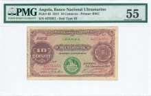 ANGOLA: 10 Centavos (5.11.1914) in purple with Coat of Arms at right and steamship seal type III. S/N: "4675951". Ovpt "LOANDA" in green. Printed by B...